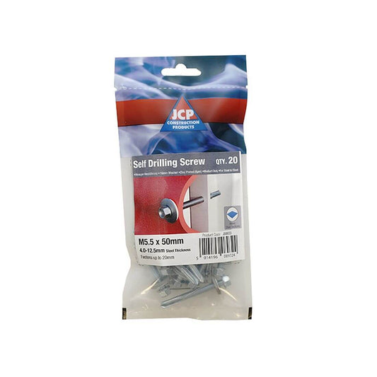 Self-drilling screws M5.5 x 50mm in pack of 20 for steel applications, ideal for quick installation and durability.