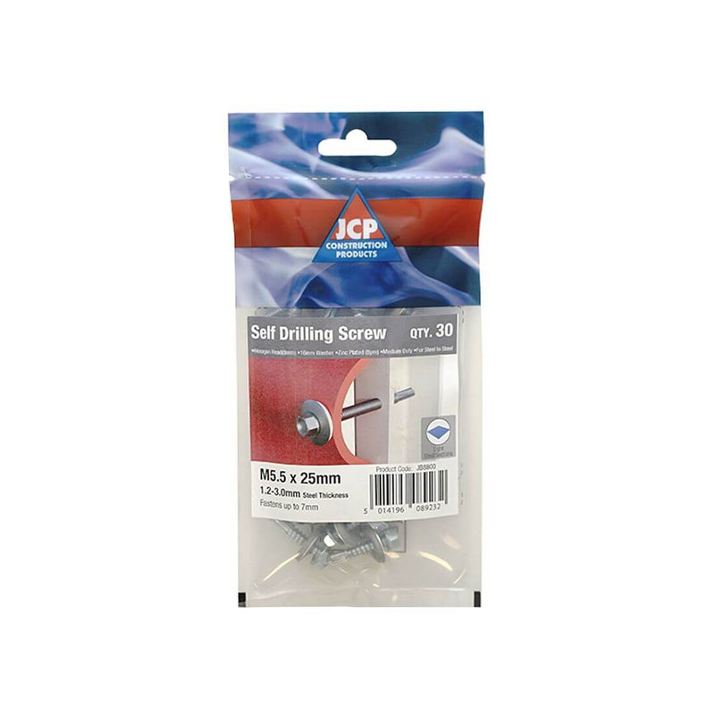 Self-drilling screws with washer in a packaging, M5.5 x 25mm, ideal for steel-to-steel applications.