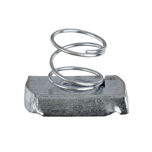 Short spring channel nut BZP with bright zinc plate coating for reliable fastening and corrosion protection.