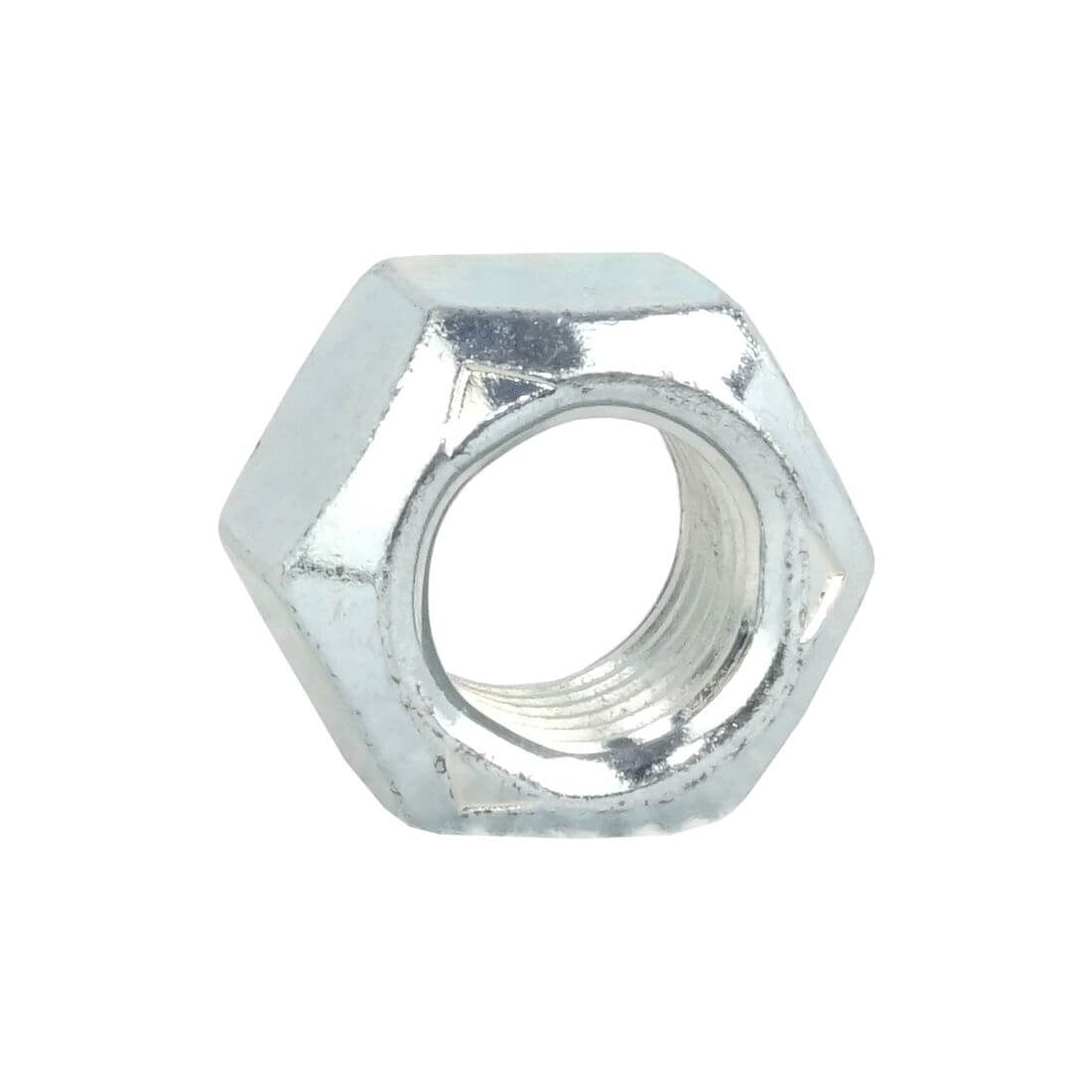 Stover nut shown from a side angle, highlighting its all-metal construction and unique thread design.