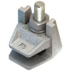 Type F3 flange clamp with bolt, designed for securing drop rods and J bolts in structural applications.