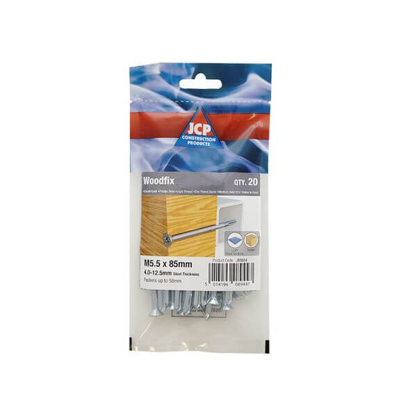 Woodfix self-drilling screws 5.5 x 85mm for timber-to-steel applications with bright zinc finish.