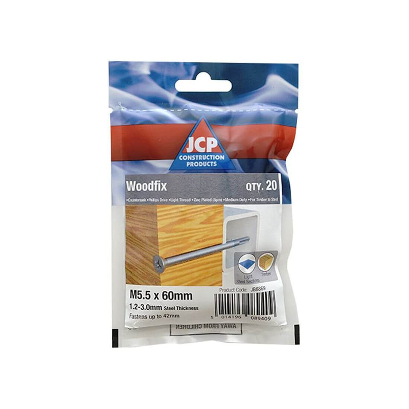 Woodfix self-drilling screws for timber-to-steel, packaged product with specifications for timber construction.